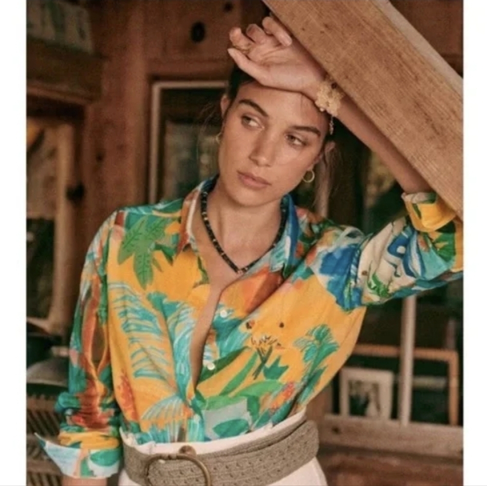 Sezane × C. Kero Tropical Print Buttondown 34 NWOT